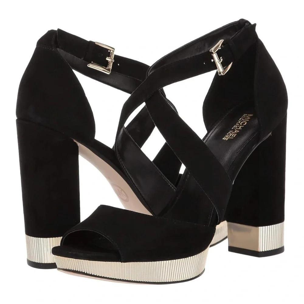 MICHAEL By Michael Kors 8 Valerie Metallic Gold & Black Suede Platform Sandals